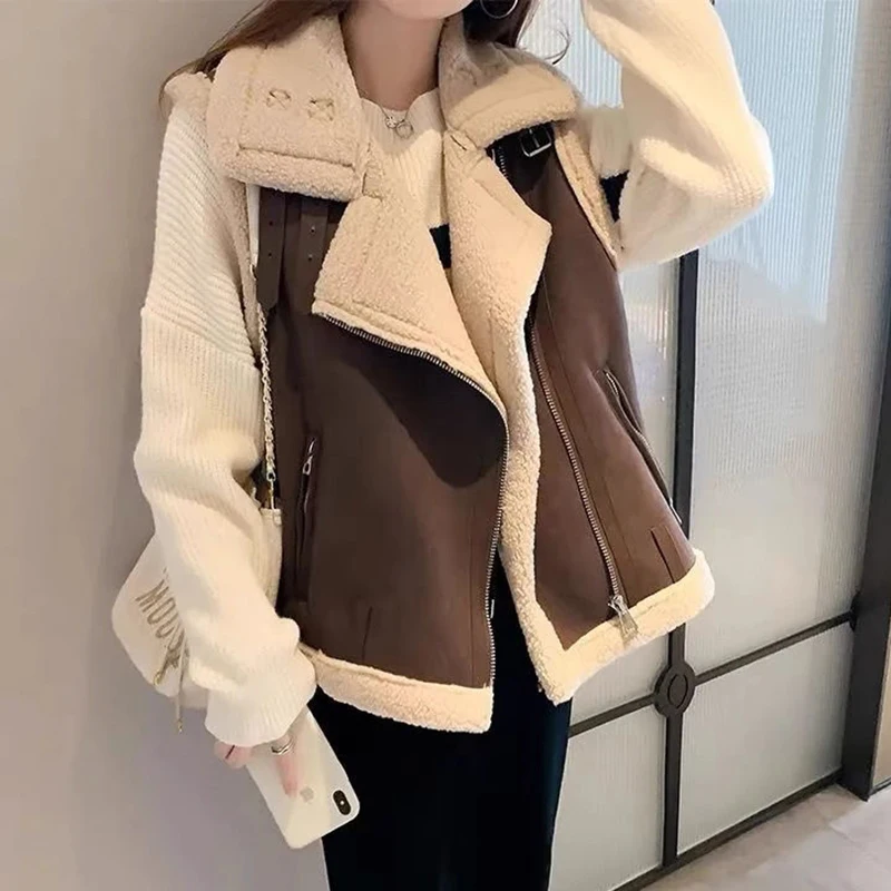 Falso shearling sem mangas jaqueta feminina rua casual zip tanque harajuku y2k clássico simples topo inverno grosso casaco quente