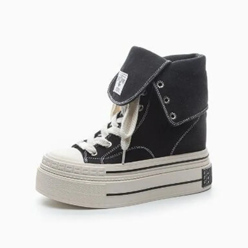 12CM Skateboard Breathable Heightening Shoes Denim Women Fashion Spring Ankle Boot 2026 High Brand Platform Wedge Autumn Sneaker