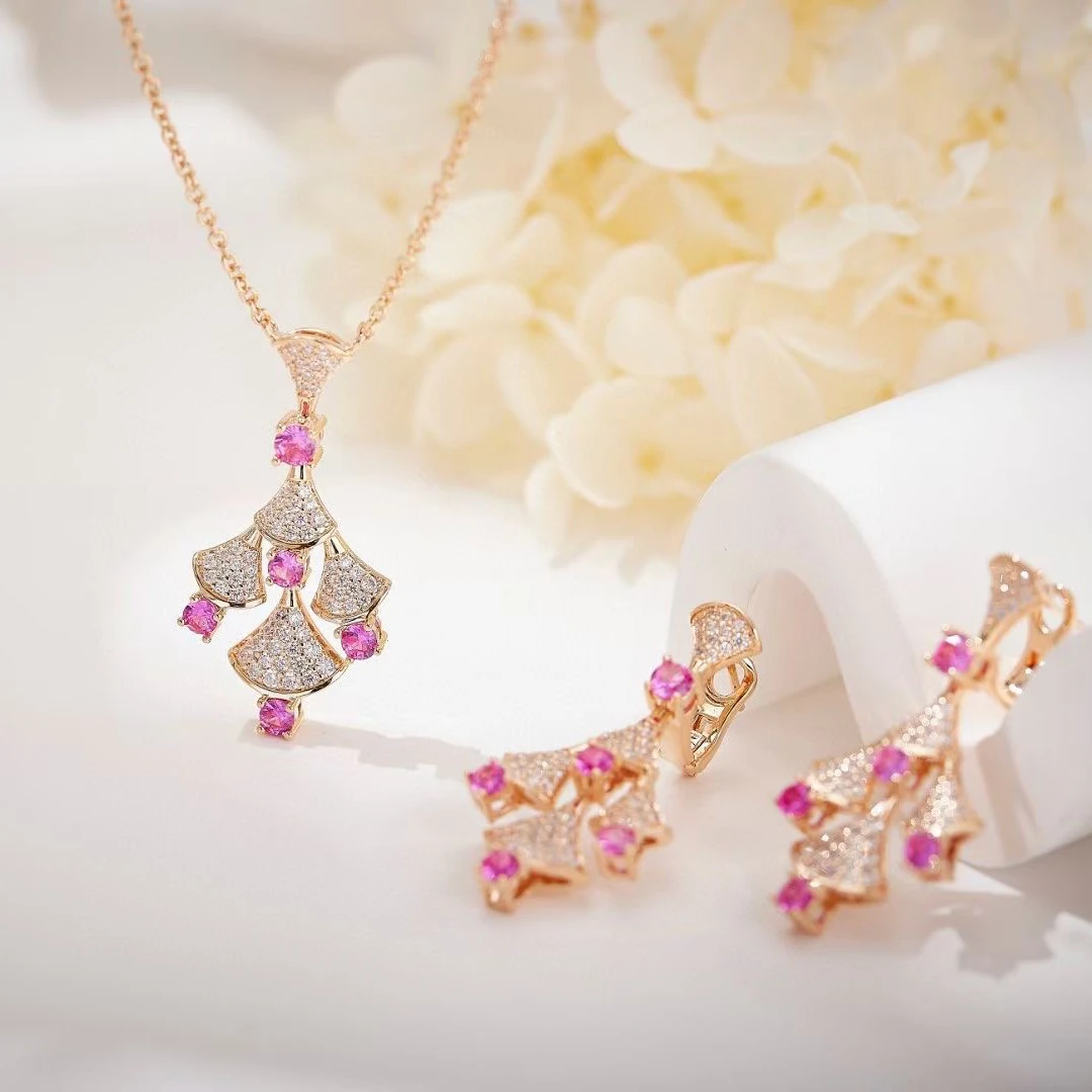 EYER Luxury Elegant AAA Cubic Zirconia Fan Shaped Pink Necklace Earrings Sets For Women Wedding Party Evening Dress Jewelry