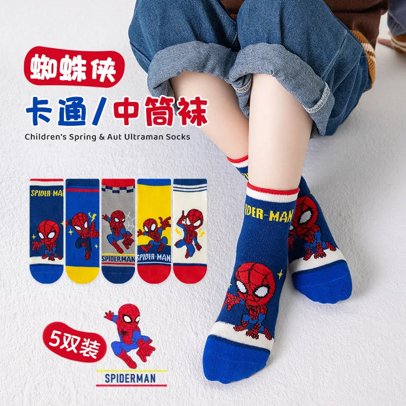 Calcetines de dibujos animados de Marvel para niños, medias de algodón de media pantorrilla para niños, regalos para niños, Spider-Man, Kawaii, nuevo, otoño, invierno, 5 pares