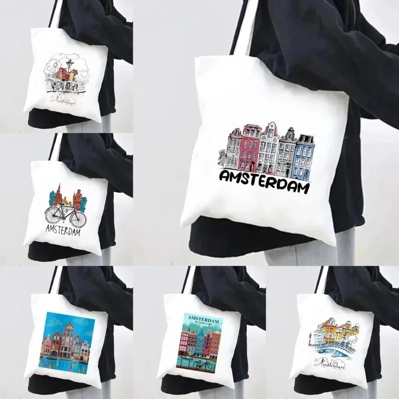 Women's Urban Landscape Amsterdam Shopping Bag Canal Home Dutch Canvas Shoulder Bag Tote Eco Shopper Reusable Handbag