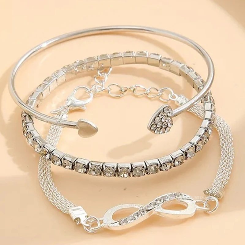 3PCS/Set Love Opening Drill Bracelet for Women Simple Crystal Zircon Lucky 8 Bracelet Fashion Thick Punk Chain Jewelry Gifts