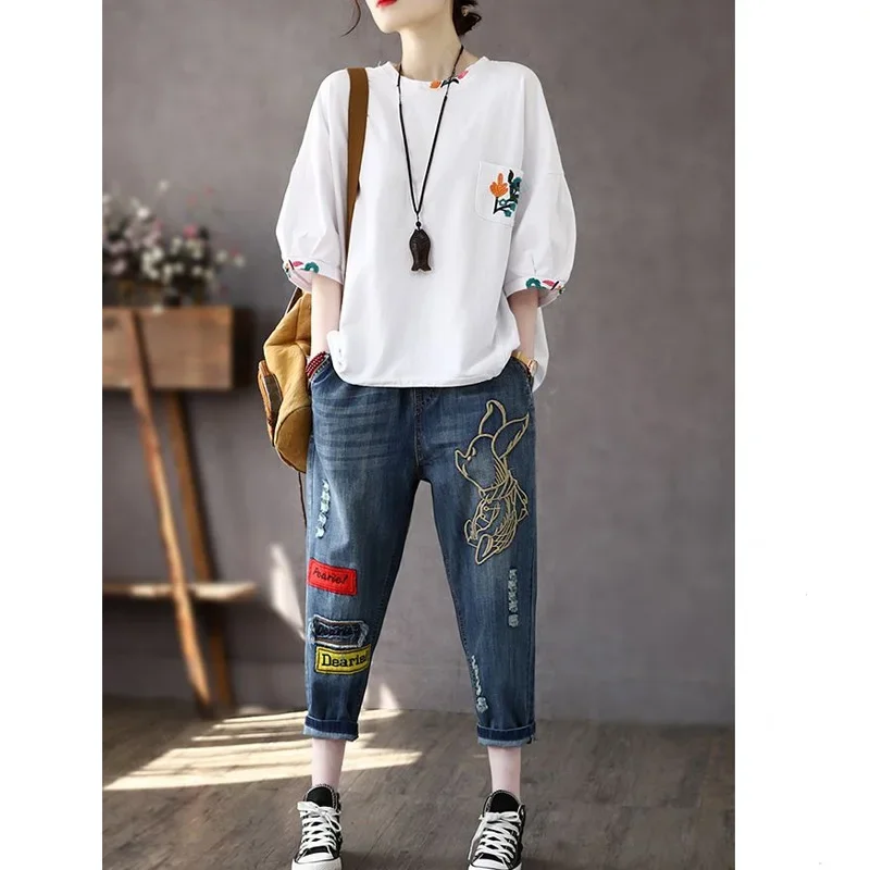 Summer Vintage Embroidered Round Neck Patchwork Pocket Loose Casual Top Embroidered High Waisted Harlan Jeans Two-piece Set B185