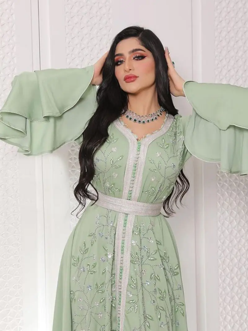 Uni Dubai Fashion Belted Long Dresses Beading Elegant Mulsim Women Eid Clothing Galabia Moroccan Saudi Kaftan Islam Abayas