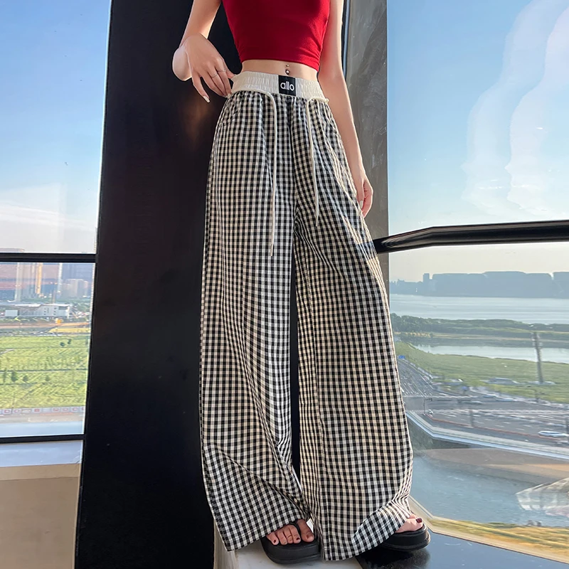 Pantaloni a quadretti da donna in seta ghiacciata, estate 2025, pantaloni larghi a vita alta attillati e pigre dal taglio dritto