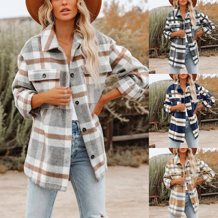 

New Women's Clothing Autumn Winter Casual Loose Shirt Jacket Plaid Pocket Single Breasted Button Shacket