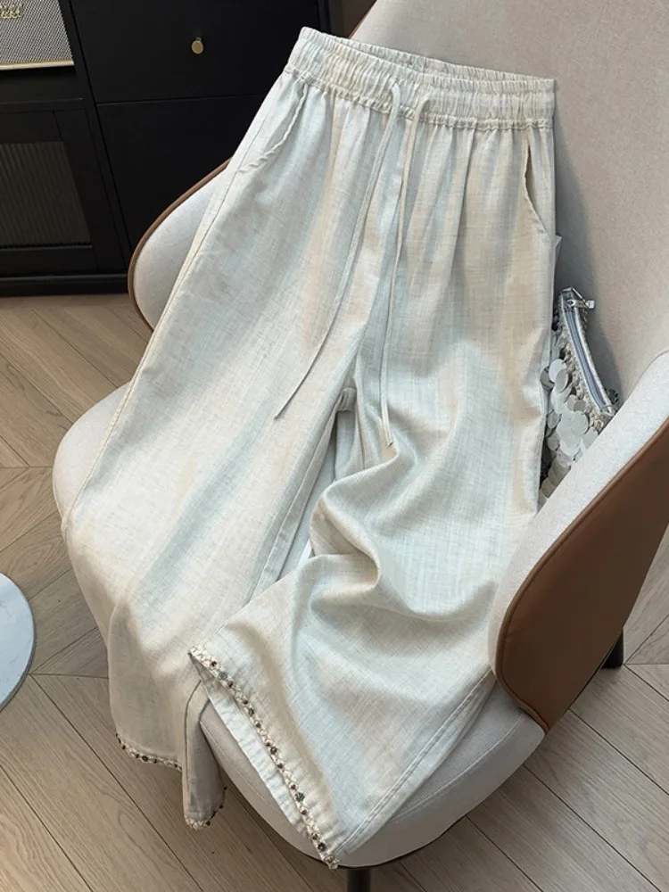 Retro Embroidered Patchwork Wide Leg Pants Women's Summer Small Size Draping Cotton Linen Lantern Pants Straight Casual Thin