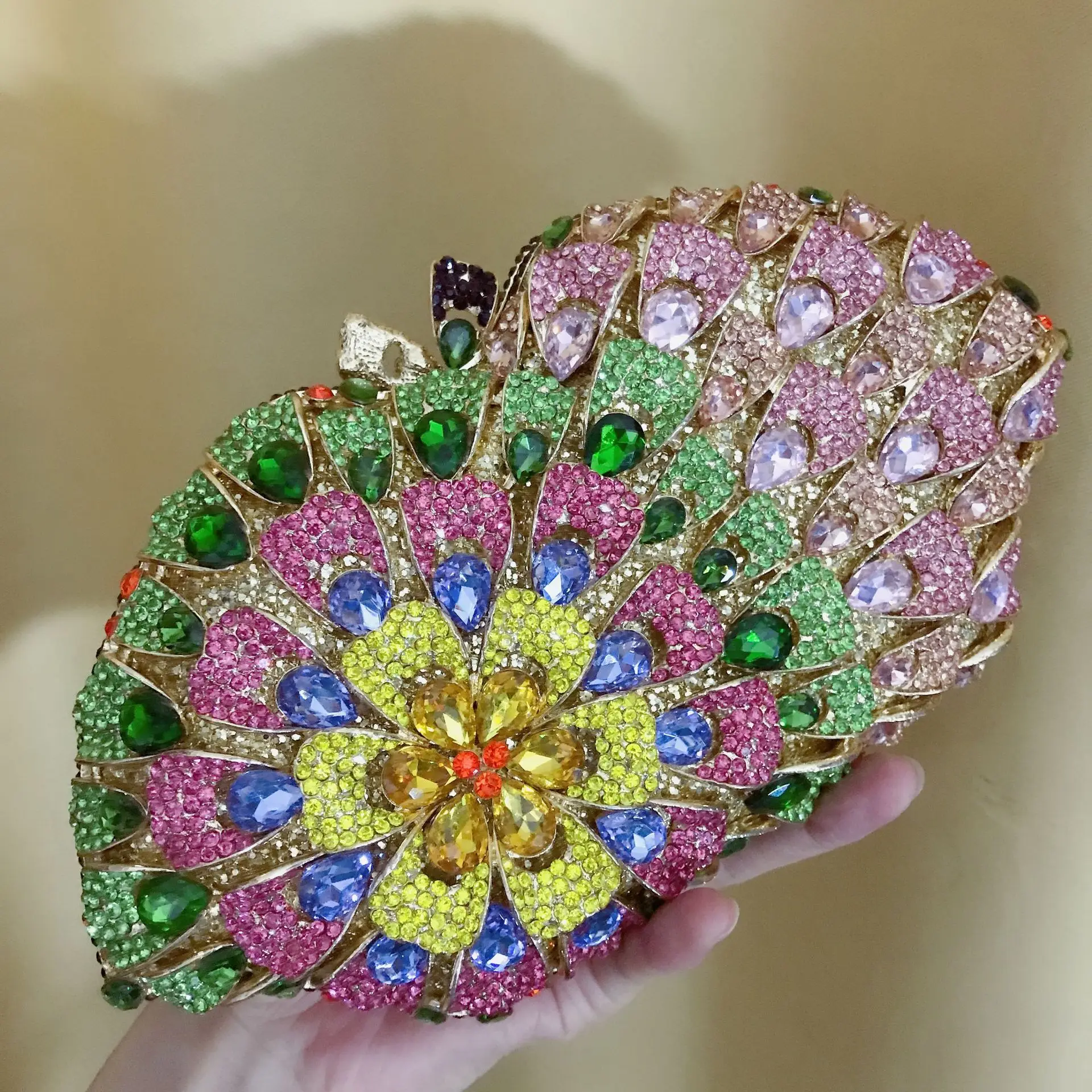 Sunflower Crystal Evening Clutches Round Wedding Bridal Party Purse White/Brown Diamond Minaudiere Luxury Rhinestone
