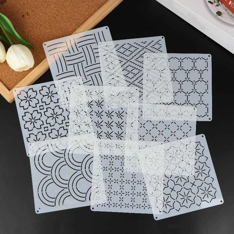 9/32 Stück Sashiko-Stickmuster-Vorlage DIY Geometrische Patchwork-Schablone Wiederverwendbare PET-Schablone Handgemachte Stickerei-Bastelwerkzeuge – Detail 9