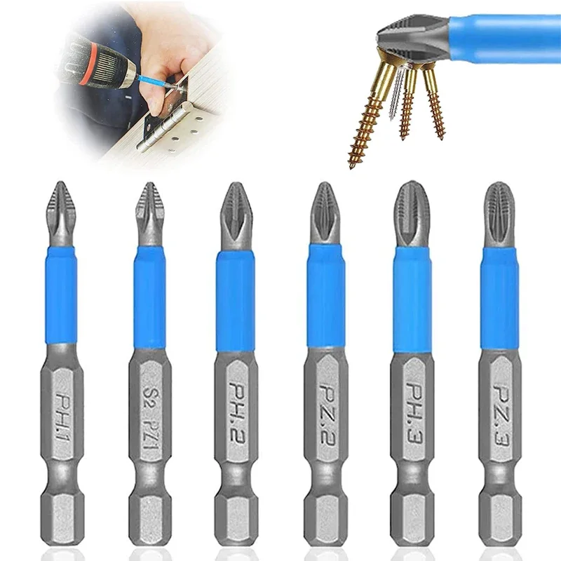 10Pcs 50mm Anti Slip Screwdriver Bits Magnetic Single Head PH1 PZ1 PH2,PZ2,PH3 PZ3 S2 Steel Electric Tool Phillips Bit Hex Shank