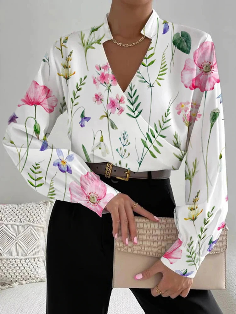 

Long Sleeve Fashion Women Holiday Blouses Spring Summer Printing V-Neck Loungewear Pullover Top Shirts Streetwear Dropshipping