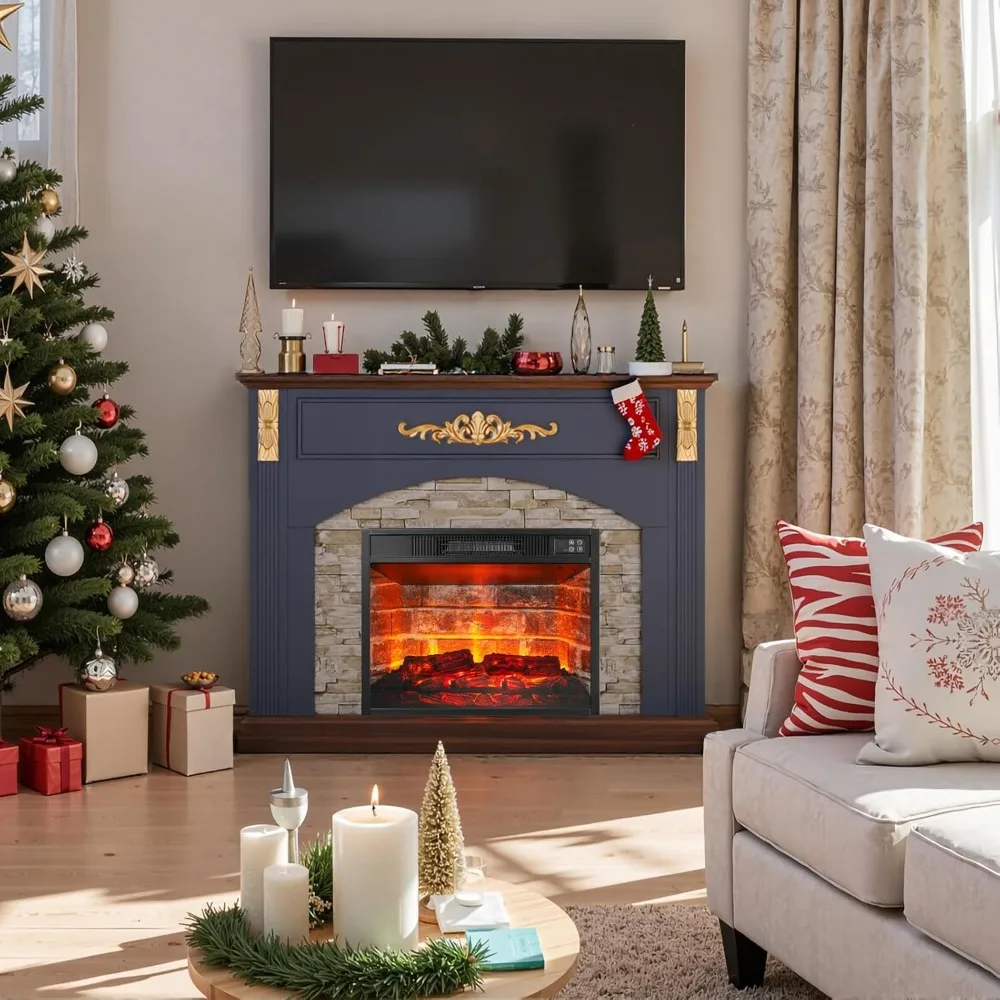 44in Electric Fireplace with Mantel, Stacked Stone Surround, Gold Carvings, Red Brick Insert, Blue