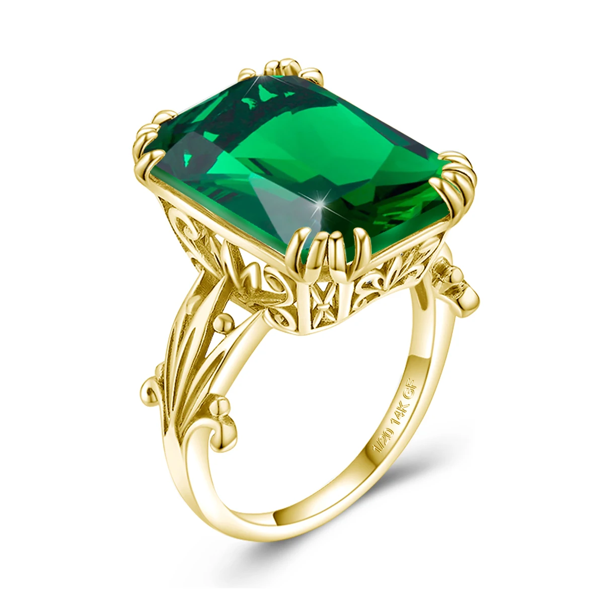 14K Gold Filled Ring for Women Rectangular Emerald Vintage Filigree Carved Openwork Statement Ring Fine Jewelry Anniversary Gift