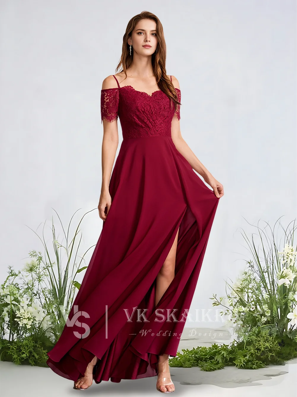 

QC Women Lavender A-Line V-Neck Floor-Length Lace Chiffon Bridesmaid Dresses For Wedding Party Evening Guest Cocktail Luxury