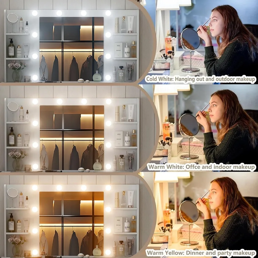 مكتب مع مخرج طاقة، طاولة مكياج 47 بوصة مع مرآة و12 مصباح LED، 3 أوضاع إضاءة ملونة، 11 درجًا للمكياج