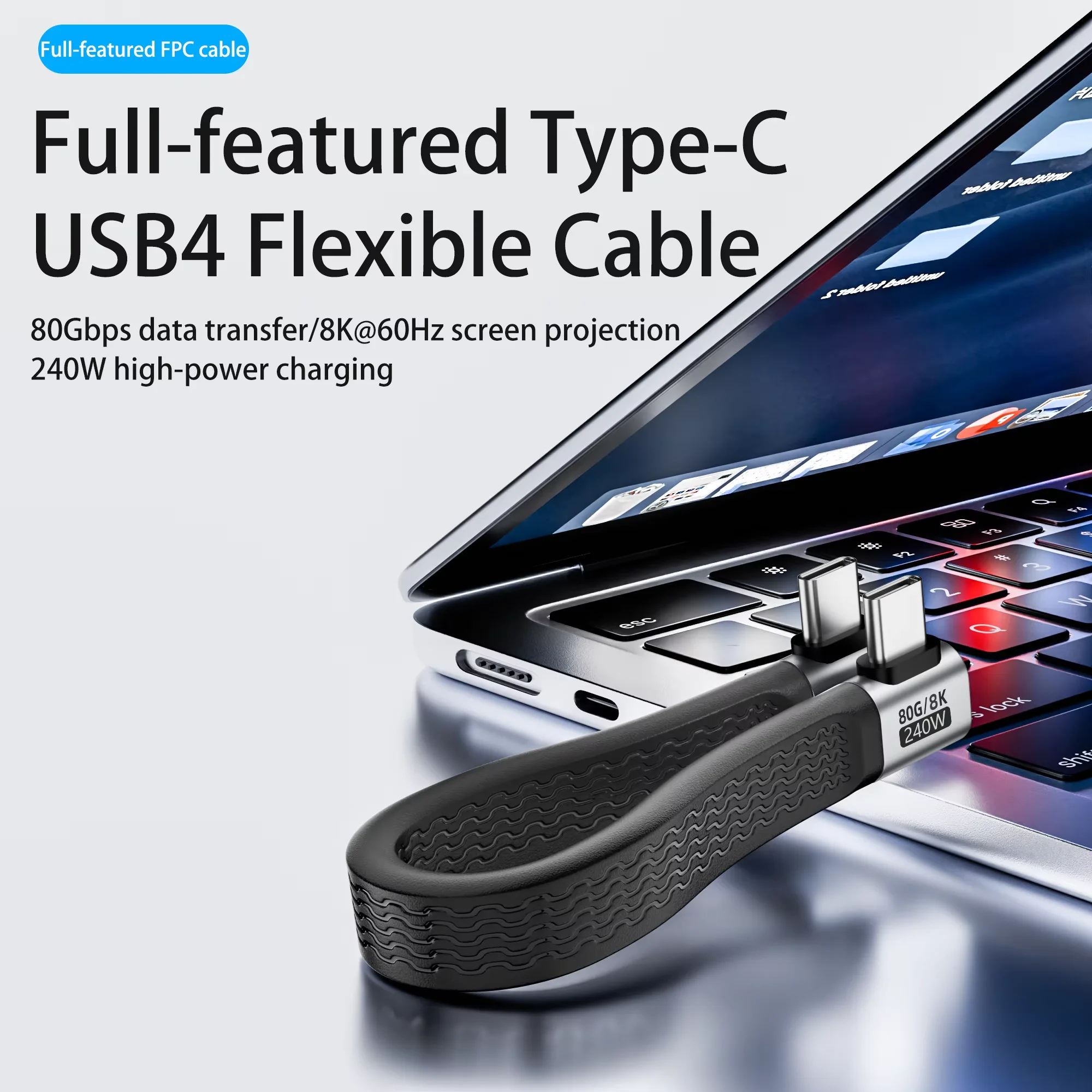 

80Gbps USB4 Type-C Cable Dual 90 Degree Angled 240W PD Fast Charging 8K@60Hz Video Data Sync Cord for Thunderbolt4 Dock SSD