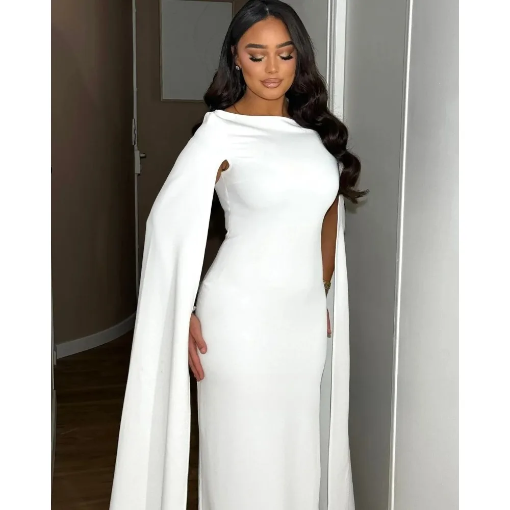 Weiße Abendkleider mit Cape-Ärmeln, Lange Meerjungfrau-Silhouetten, Bodenlange Hochzeitsparty-Kleider, Vestidos De Festa Abendkleider