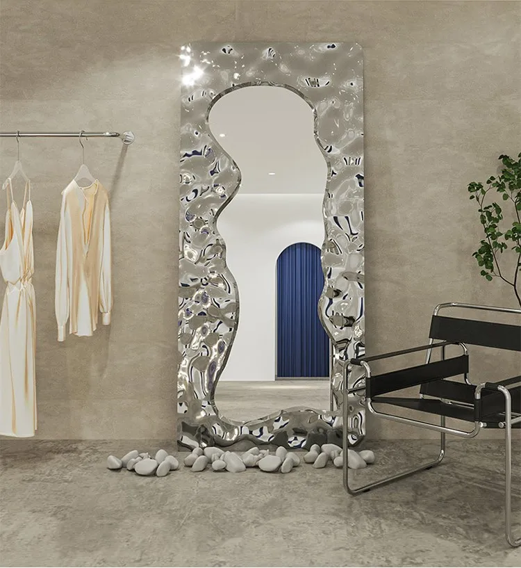 Floor mounted mirror, stainless steel water ripple pattern, full body fitting mirror, wall mounted dressing, taking photos