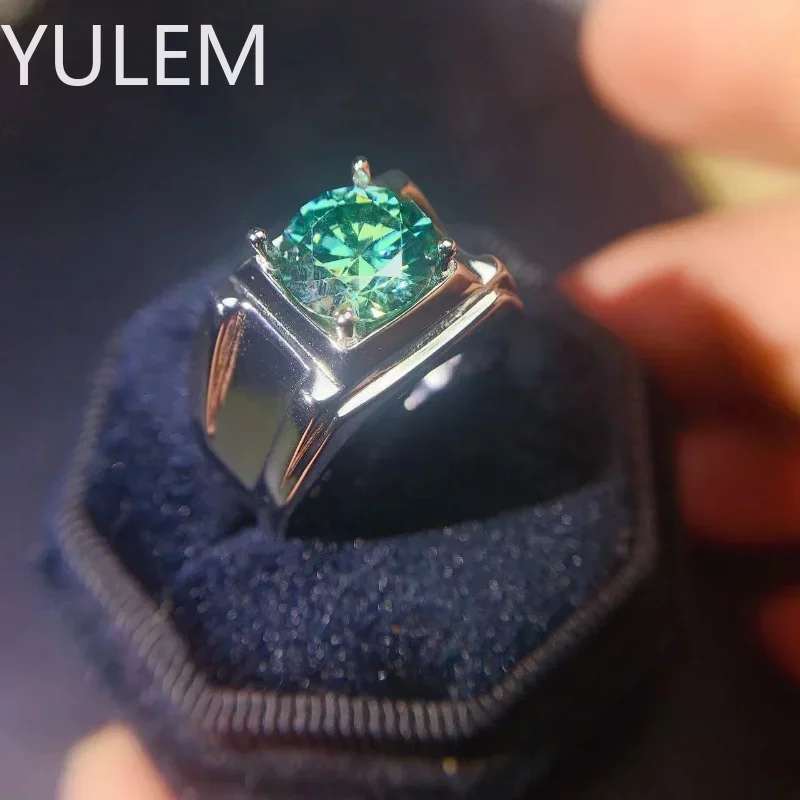 YULEM 925 Sterling Silver Large Green Moissanite Rings Main Stone 9mm 3 Carats Luxury Moissanite Jewwelry