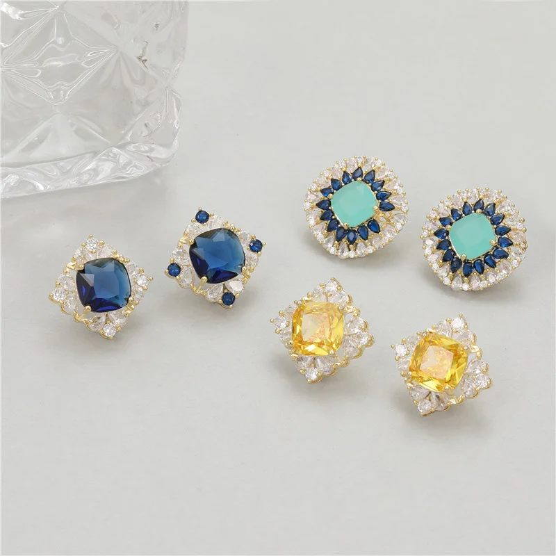 

2pair Geometric Square Blue Yellow CZ Stud Earrings Hypoallergenic Earrings For Women Bridal Statement Wedding Jewelry Gift