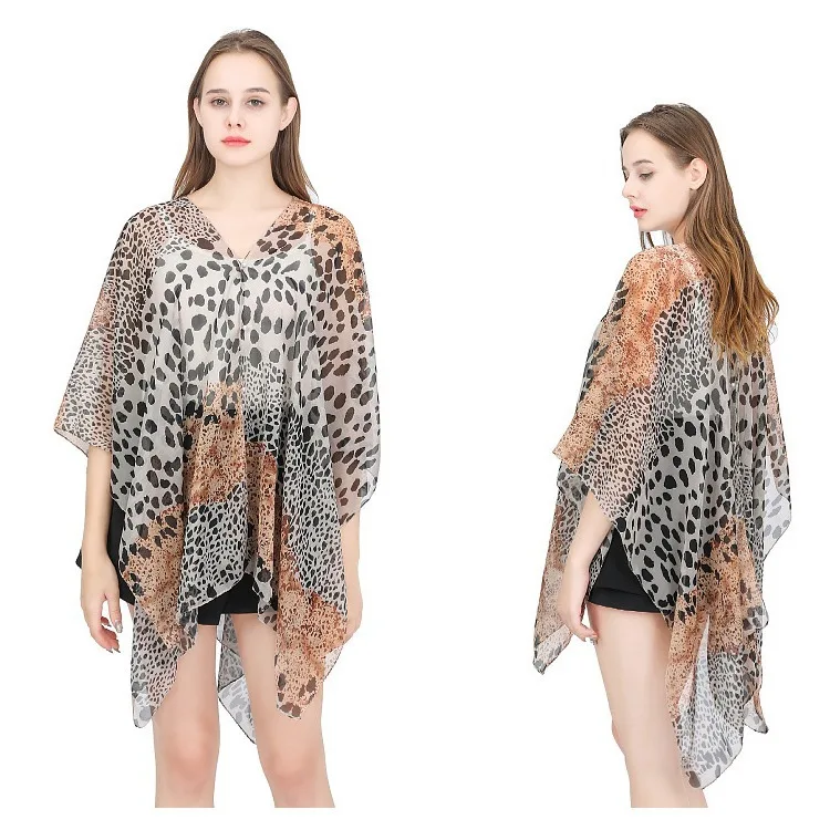 Fashion leopard print Transparent Chiffon Pearl Buckle Beach Bikini  Clothing Women Cardigan Blouse Summer Cape Sunscreen Shawl