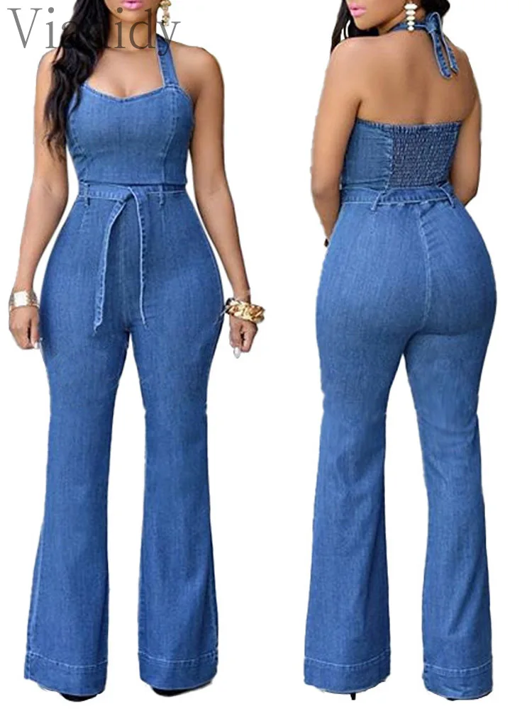

Women Sexy Halter Backless Skinny Jumpsuit With Belt
