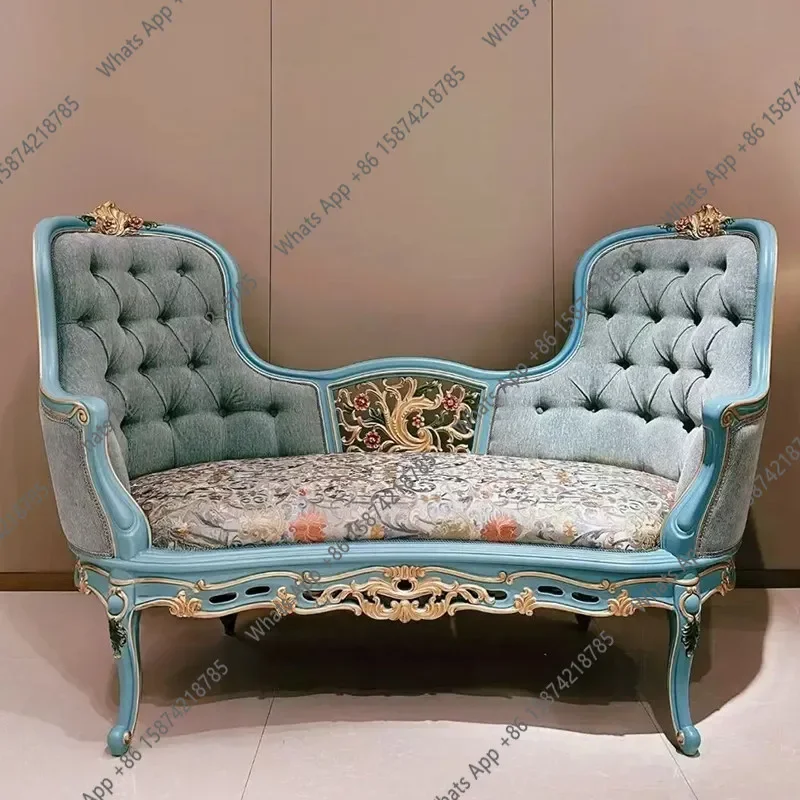 X69 French Retro Silk Embroidered Solid Wood Carving Flower Painted Concubine Chair Lazy Sofa European Style Bedside Stool Leisu