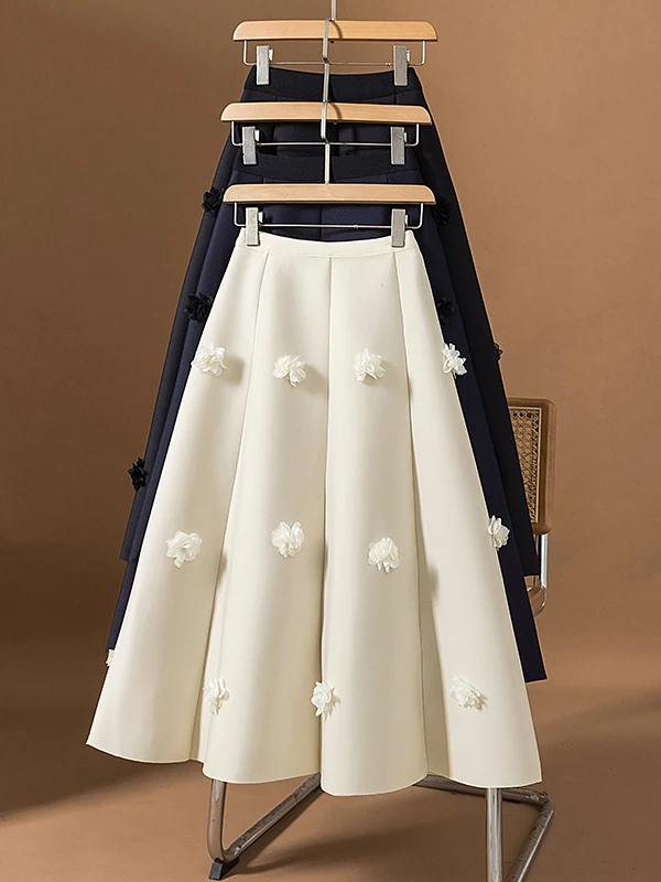 

Элегантная атласная юбка-миди А-силуэта с 3D-цветочным дизайном для женщин, с высокой талией, больших размеров, весенняя мода, легкая, роскошная