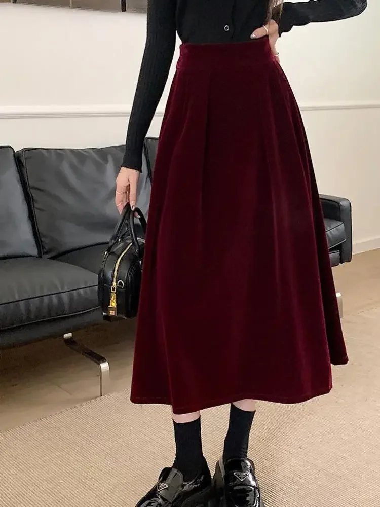 Saia de veludo linha A cintura alta feminina, elegante, vintage, vermelho, preto, festa, plissada, balanço grande, casual, outono, inverno, 2024