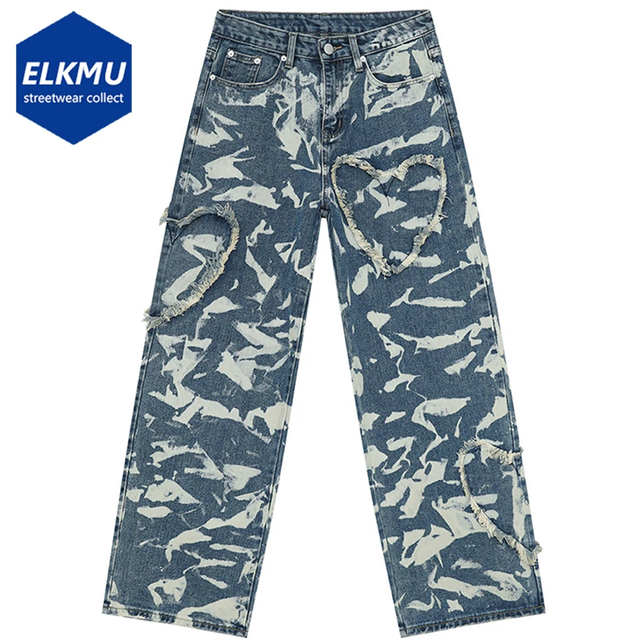 

Heart Patchwork Printed Denim Pants Men Blue Black Baggy Jeans Streetwear Harajuku Loose Straight Jeans Trousers