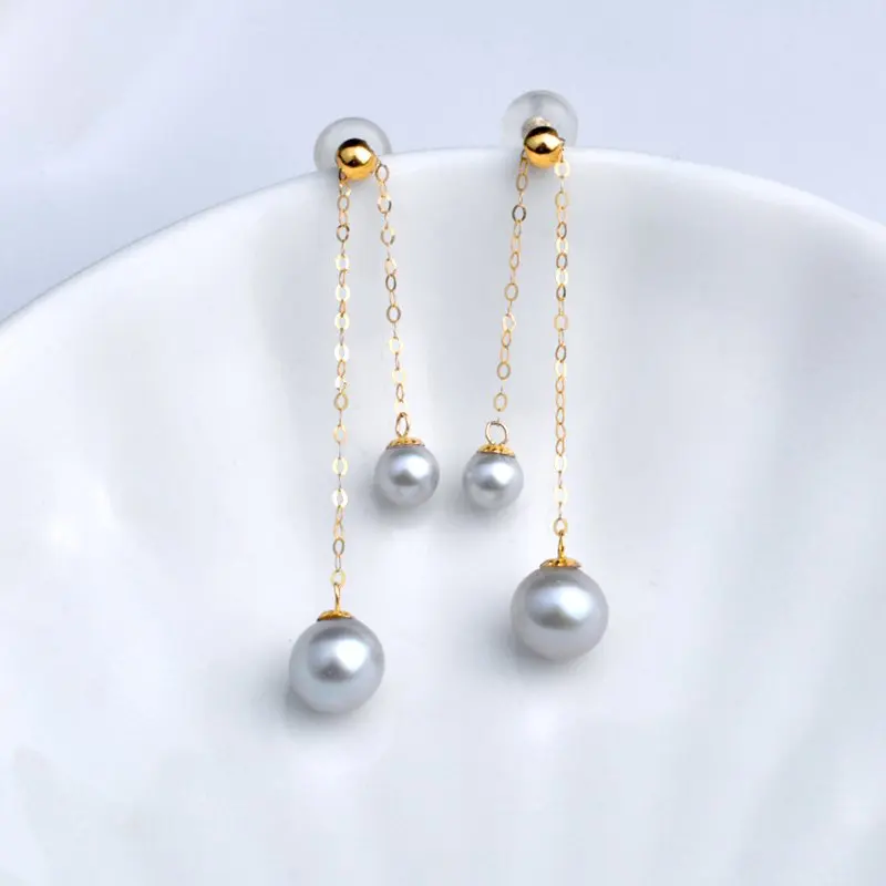 

Blue 18K yellow gold earrings Fine Jewelry long drop natrual round freshwater pearl au750 Original party gift for women e630