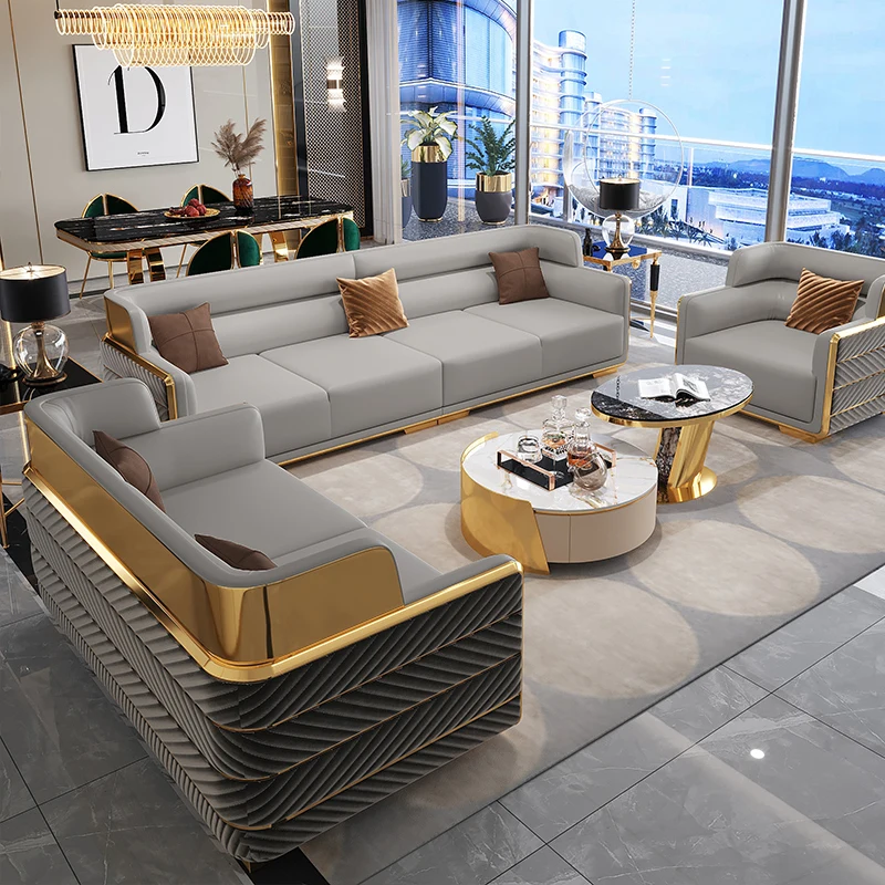 

luxury gold sofa Italian leather modern furniture sofa set Villa luxury sectional couch sofa set furniture living room