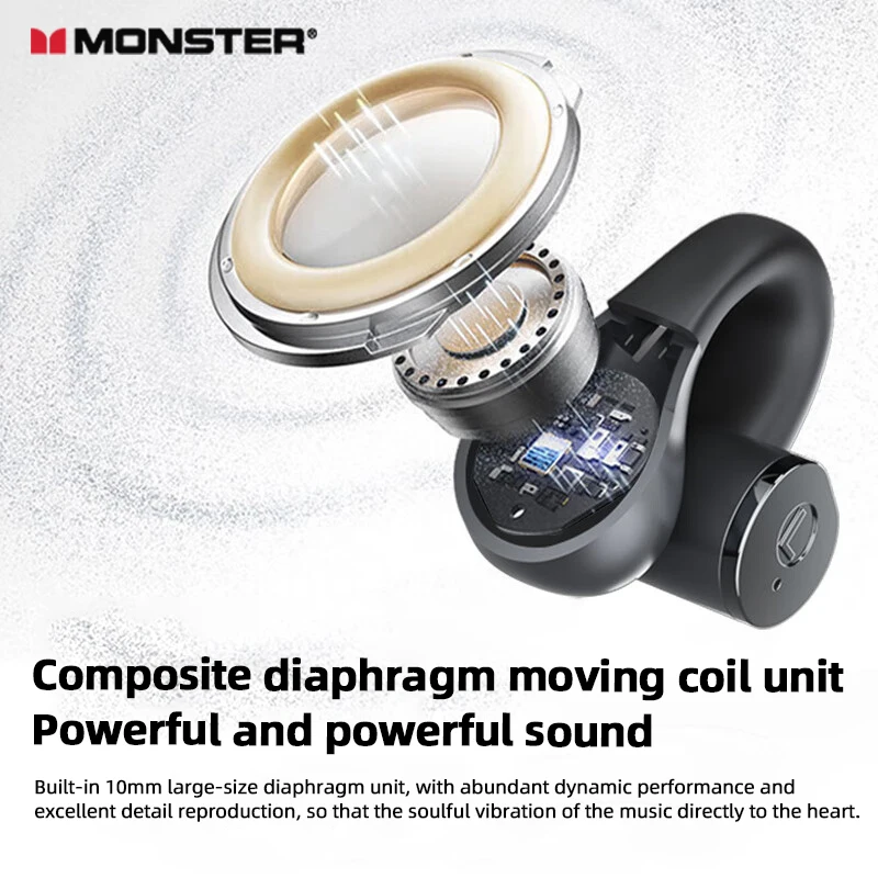 Monster MQT60 Earphones Wireless Bluetooth HIFI Sound HD Call Headphones Ear Clip Long Battery Life Noise Reduction Sport Earbud