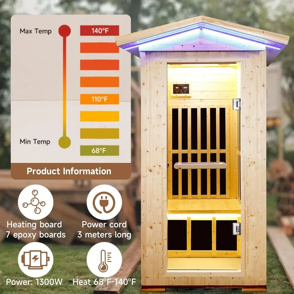 Sala de sauna infravermelho distante ao ar livre, abeto madeira, baixo EMF, interior casa sauna, built-in 7 epóxi placa de aquecimento, 1 pessoa, 1300W