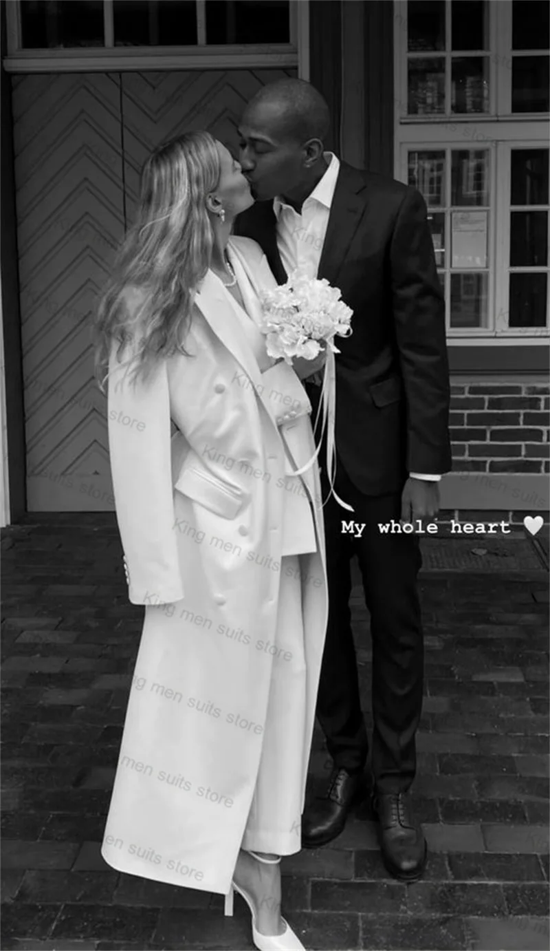 White Wedding Women Suit Set 3 Piece Blazer+Long Windbreaker+Pants Custom Made Formal Bride Wedding Tuxedo Autumn Jacket Coat