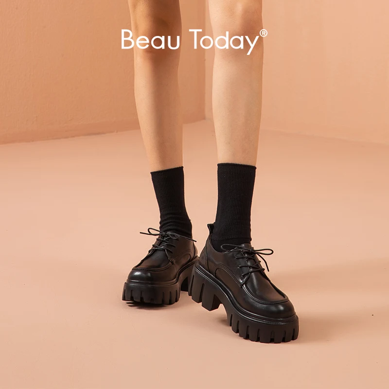 

BeauToday Platform Derbys for Women Genuine Cow Leather Tied Closure Chunky Sole Ladies Casual Lolita Shoes Handmade B21894