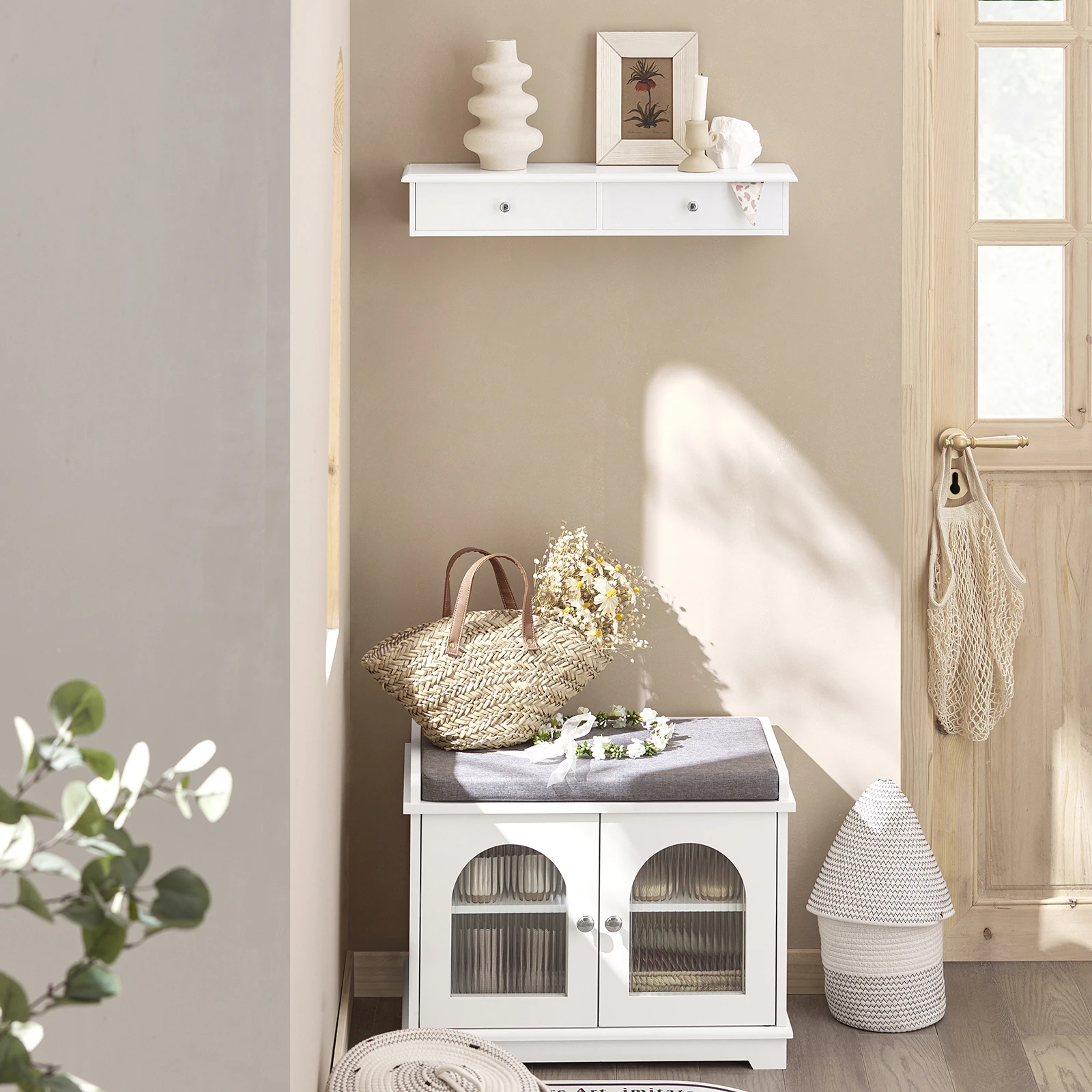 SoBuy FRG43 Wandregal mit 2 Schubladen - Modernes Regal Wand für Flur, Wohnzimmer & Schlafzimmer 64x15x10cm – Detail 2