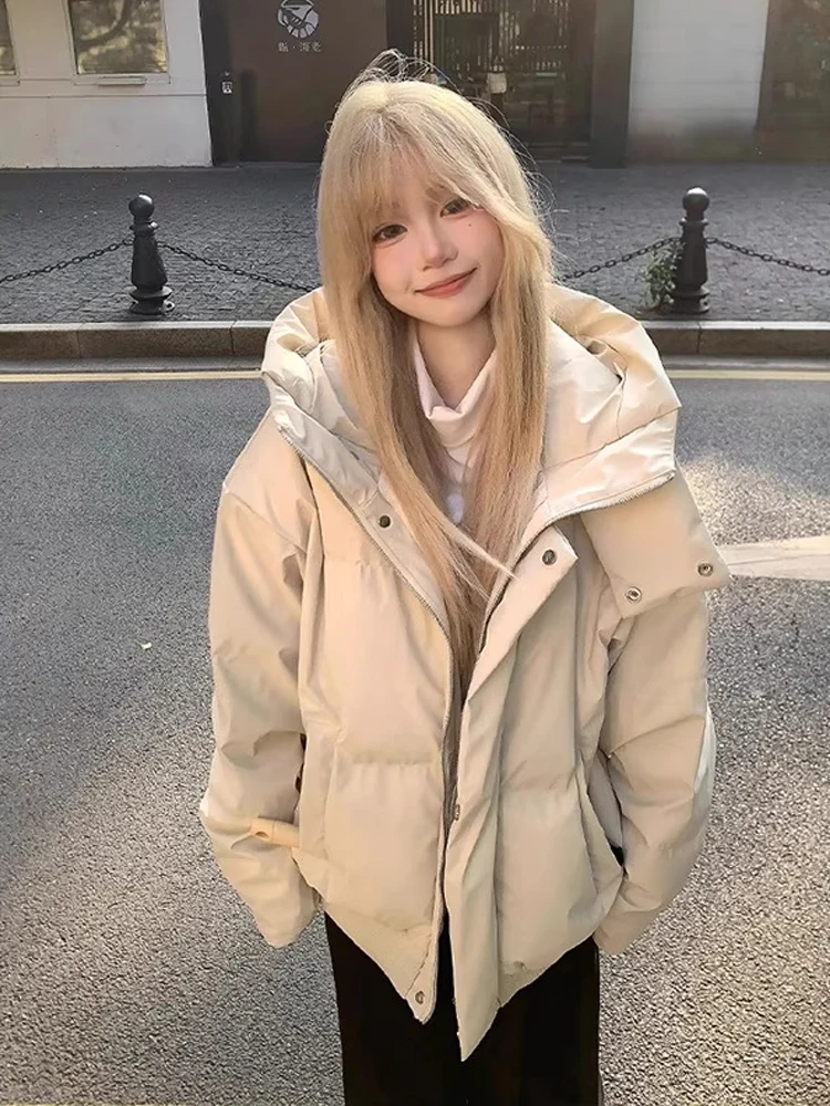 

Корейское модное хлопковое пальто с капюшоном из искусственной кожи для мужчин и женщин, осенне-зимнее теплое хлопковое пальто, повседневная верхняя одежда