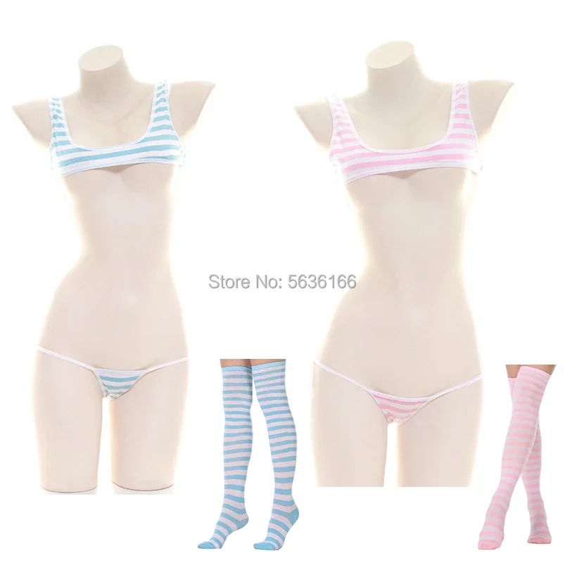 Japan Sexy Lingerie Lolita Kawaii Blue Pink White Striped Mini Bikini Adult Cosplay Erotic Costumes Bra Women Underwear 3pcs Set