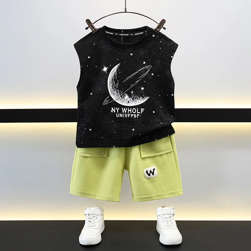 Children Outdoor Suit Comfortable Boys Set Kids Milky Way Sleeveless T-shirt+Shorts 2pcs Outfit Summer Cotton Fashion Suit 2-11Y