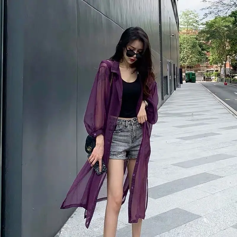 Women\'s Sunscreen Clothing Shirts New Cardigan Women Thin Coat Breathable Mid Length Blouses Beach Top Fashion Chiffon Shirts