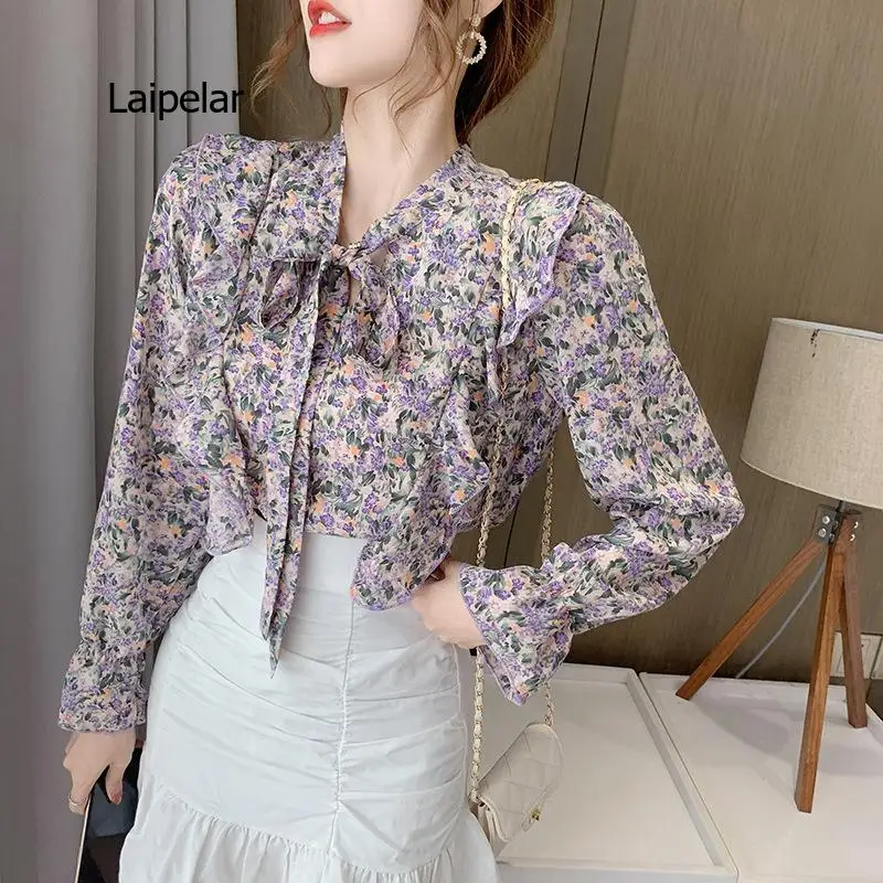 

Spring Summer Women Chiffon Shirt Long Sleeve Ribbon Printing Bowknot Shirt