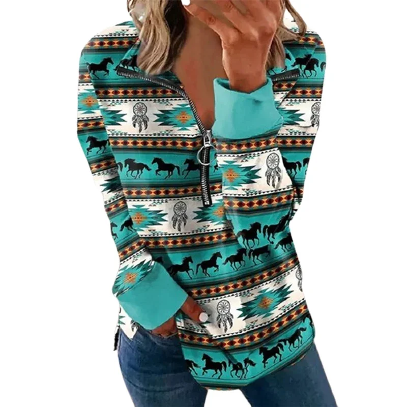 

Women Western Style Sweatshirt Lapel Zipper Splicing Hoodie Autumn Winter Casual Vintage Geometry Print Long Sleeve Female Tops