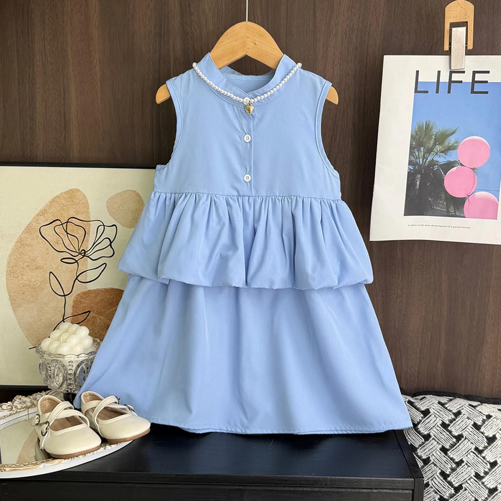 

Korean Version Plain Kids Clothes 2025 Summer New Blue Girls Casual Dress Sleeveless Solid Color Splicing Dress 3 To 7 Years Old