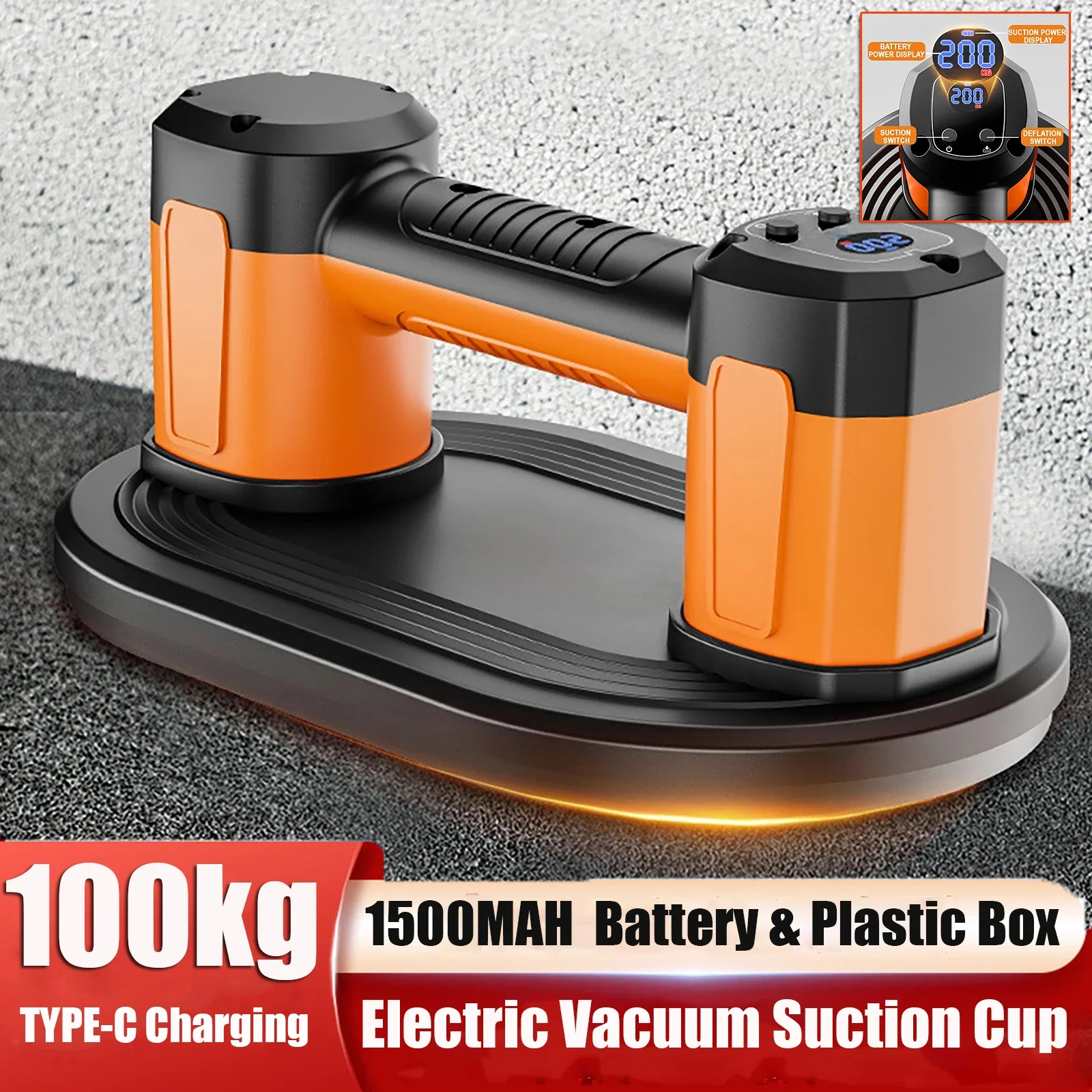 

Electric Vacuum Suction Cup 100KG Bearing Capacity Type-C Charging Vacuum Lifter for Granite Tile Glass Manual Lifting Powerfu