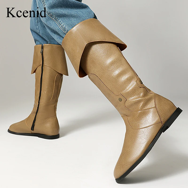 

Kcenid/женские сапоги до колена в сложенном виде, повседневные удобные высокие сапоги на плоской подошве для девочек, осенне-зимняя обувь для женщин