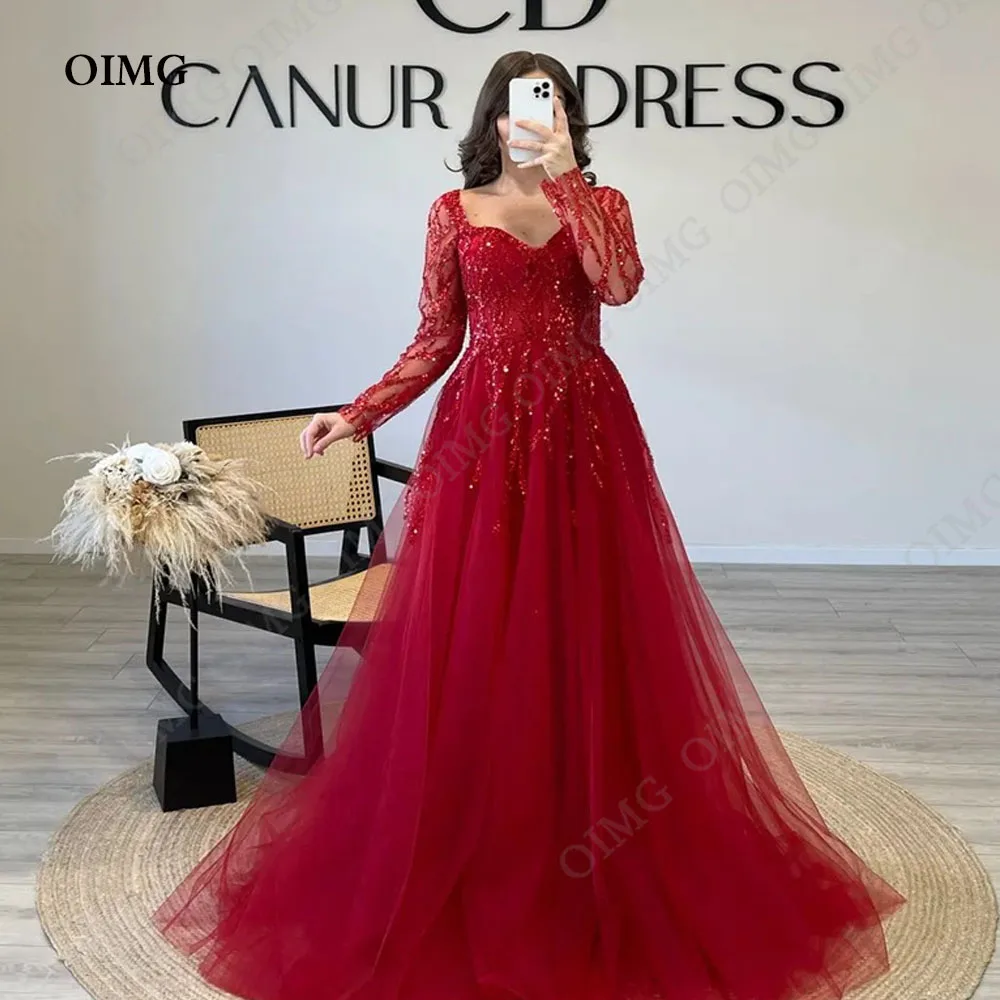 

OIMG Red Shiny Tulle Dubai Arabic Women Evening Dresses Glitter Sweetheart Tulle Prom Gowns Sparkly Formal Party Occasion Dress