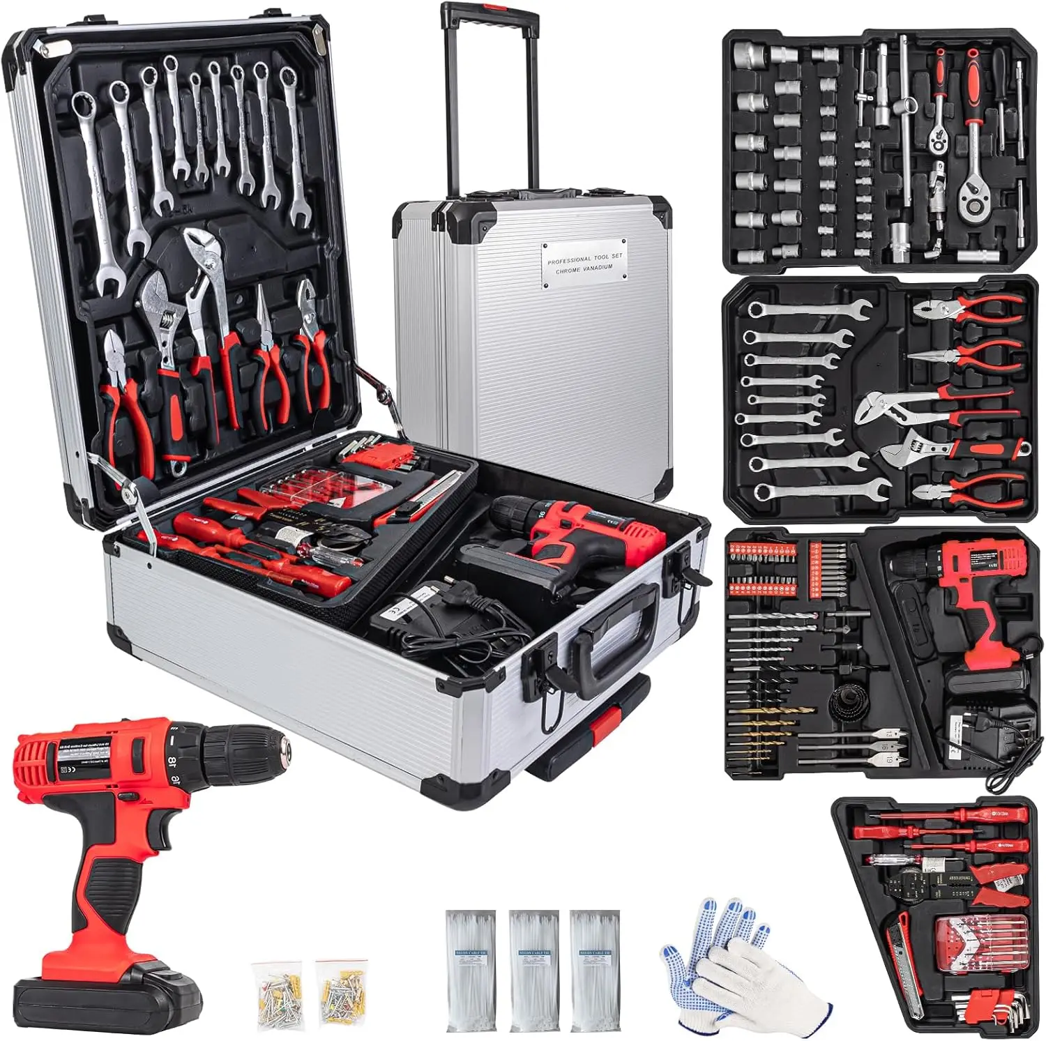 346 Pcs Power Tool Set with 18V Cordless Drill, Electric Power Drill Set, Tool Set for Men, Household Home DIY Hand Tool Kits, 1