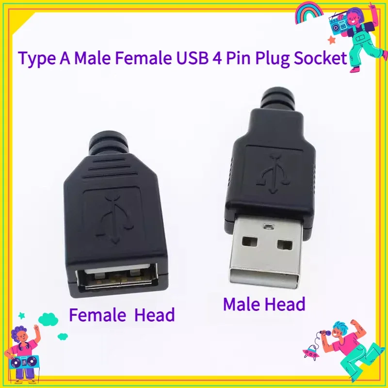 

10pcs Type A Male Female USB 4 Pin Plug Socket Connector With Black Plastic Cover Type-A DIY Kits