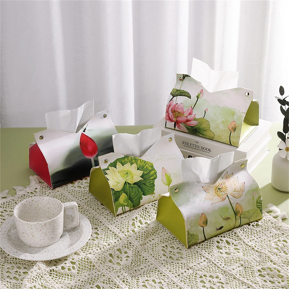 PU Leather Ink Painting Lotus Tissue Box Novel Dustproof Paper Towel Cover Napkin Holder Storage Case Home Kitchen Accessories